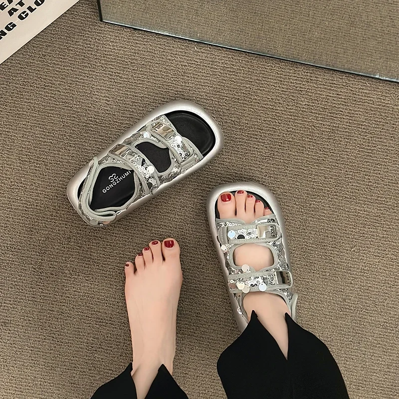 Женские сандалии с пайетками, 35–40, удобные спортивные сандалии на липучке с толстой подошвой и открытым носком, с одной пряжкой и ремешком, повседневная пляжная обувь