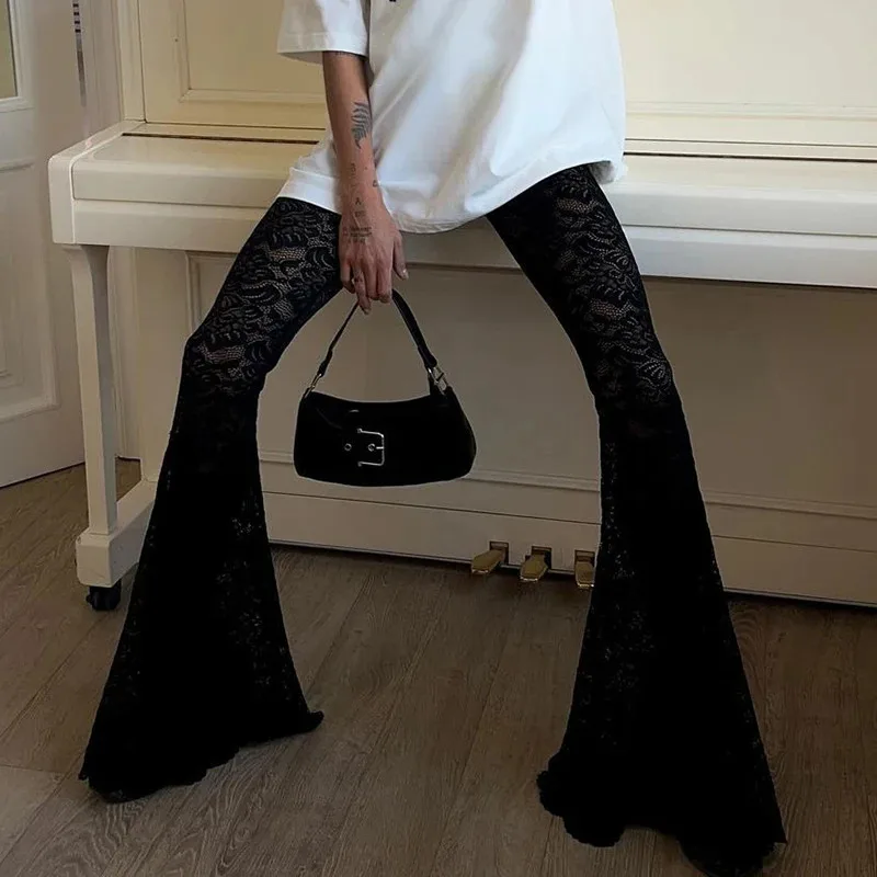 Y2K Black See Through Women Flare Pants Fashion Clubwear Sexy Lady Slim Fit Boot Cut Trousers Vintage Gothic Chic Outfits