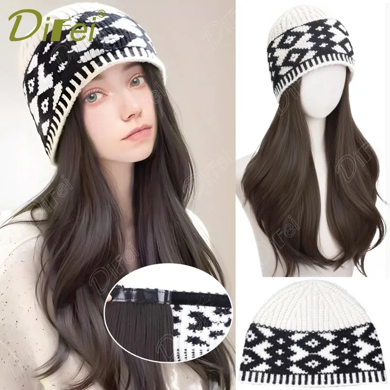 

DIFEI Hat Wig One Female Синтетический парик Модный теплый черный и белый ромбовидный решетчатый зимний вязаный парик с волнистыми вьющимися волосами
