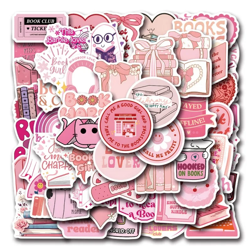 60pcs Pink Bookish Cartoon Graffiti Stickers Suitcase Water Cup Car Stationery Refrigerator Mobile Phone Decoration Stickers