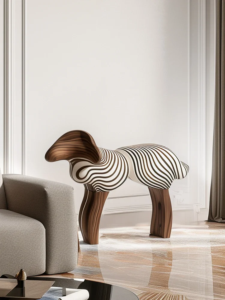Italian light luxury creative abstract lamb solid wood stool artistic design sense household animal stool low stool view 3