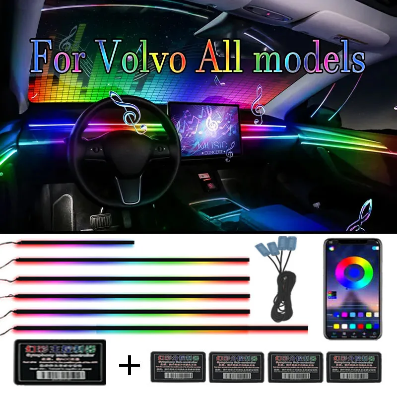 For Volvo Symphony Decoration Ambient Lights Car Atmosphere Interior LED Acrylic Guide Fiber Optic Universal 18 in1 64 Color RGB