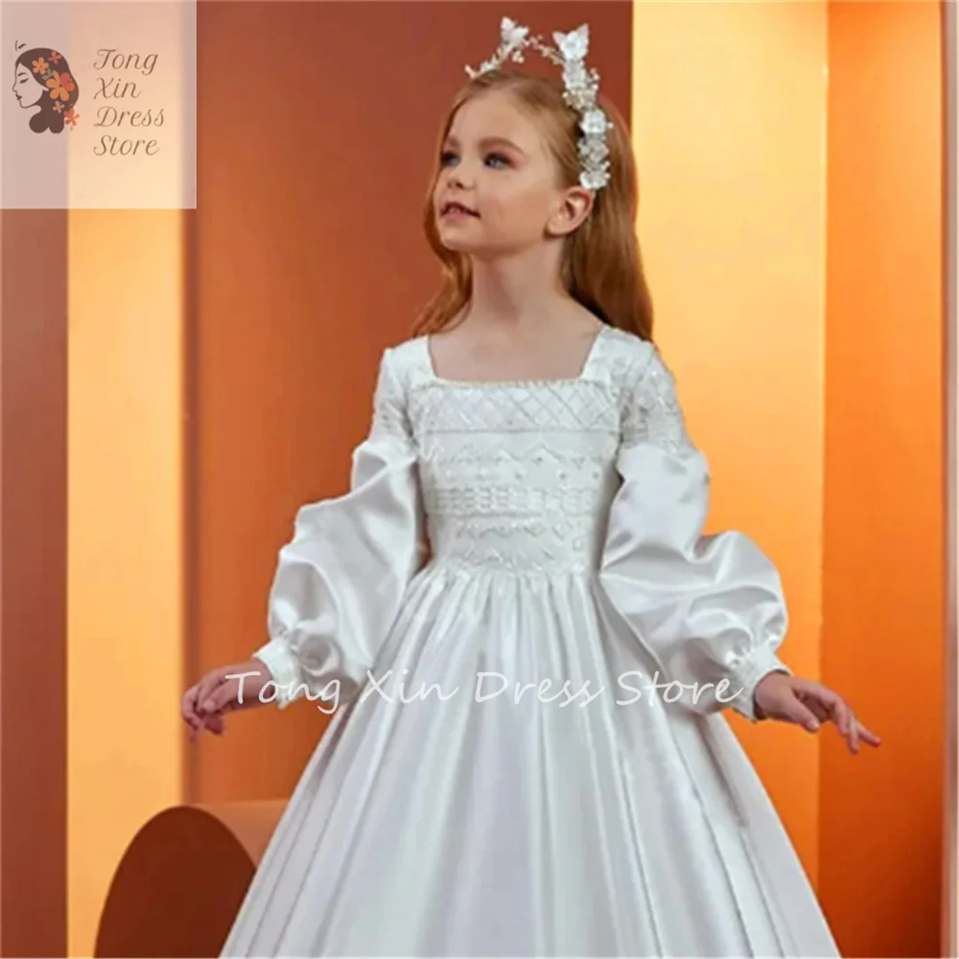 Flower Girl Dress Princess Ball elegante a maniche lunghe in raso bianco angelo abiti da prima comunione bambini sorpresa regalo di compleanno