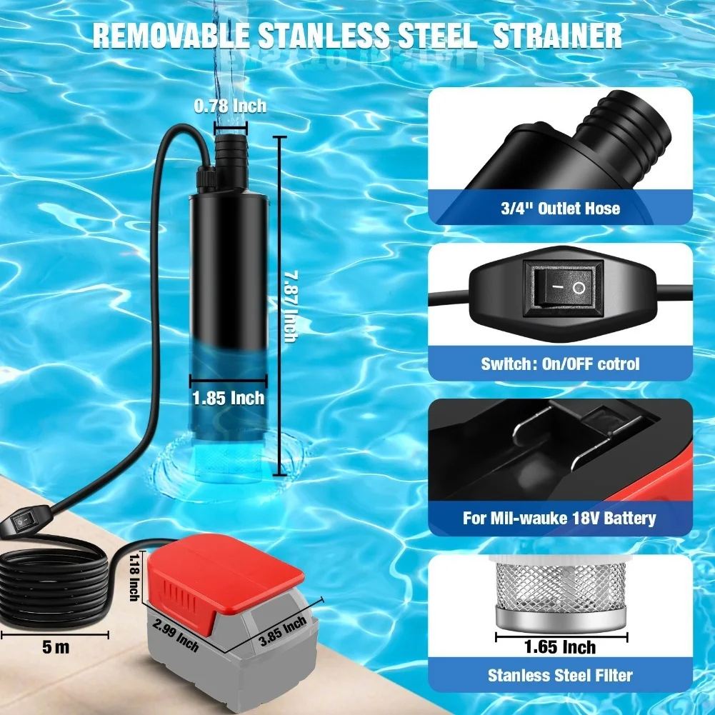 

Электрический беспроводной погружной насос совместим с аккумуляторными адаптерами Bosch/Dewalt 18 В, подходит для садов, бассейнов, прудов