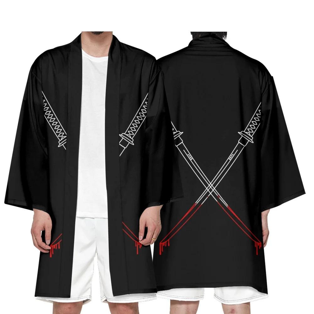 

Men's Japanese Long Kimono Cardigan Men's Samurai Costume Kimono Sword Demon Pattern Kimono Shirt Yukata Outer Cover