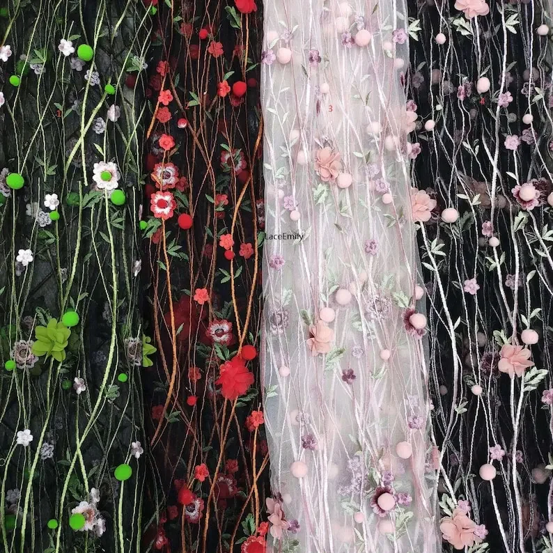 Ricamo con pompon di fiori in chiffon 3D Tessuto di pizzo morbido rosa verde Pom Pom Trim Tessuto di pizzo a rete per abito da sposa in pizzo velo
