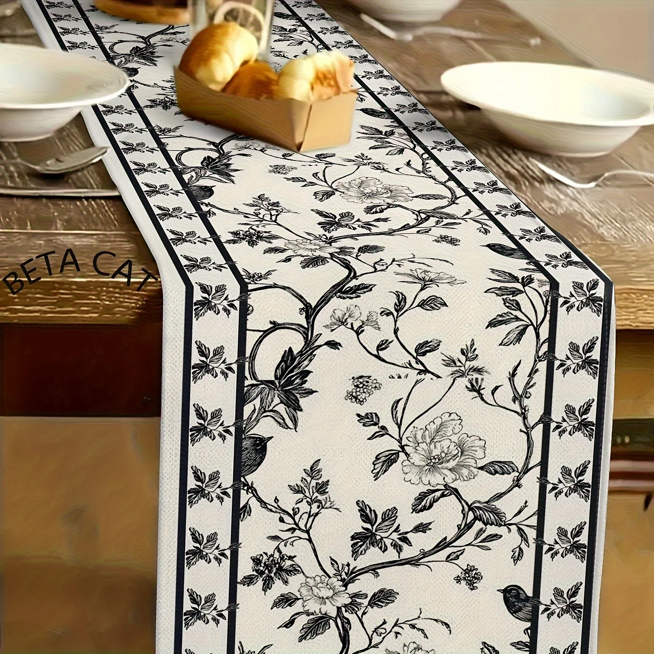French Farmhouse Table Runner Black & White Floral Ink Design Seasonal & Holiday Decor for Dining Tables Rustic Home Decor