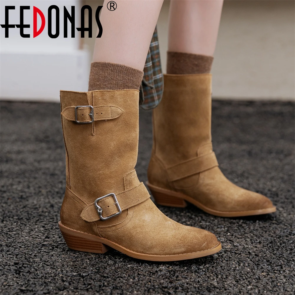 FEDONAS New High Women Boots Fashion Metal Decoration Mid-calf High Boots 2024 Female Autumn Leather Motorcycle Boots Shoes