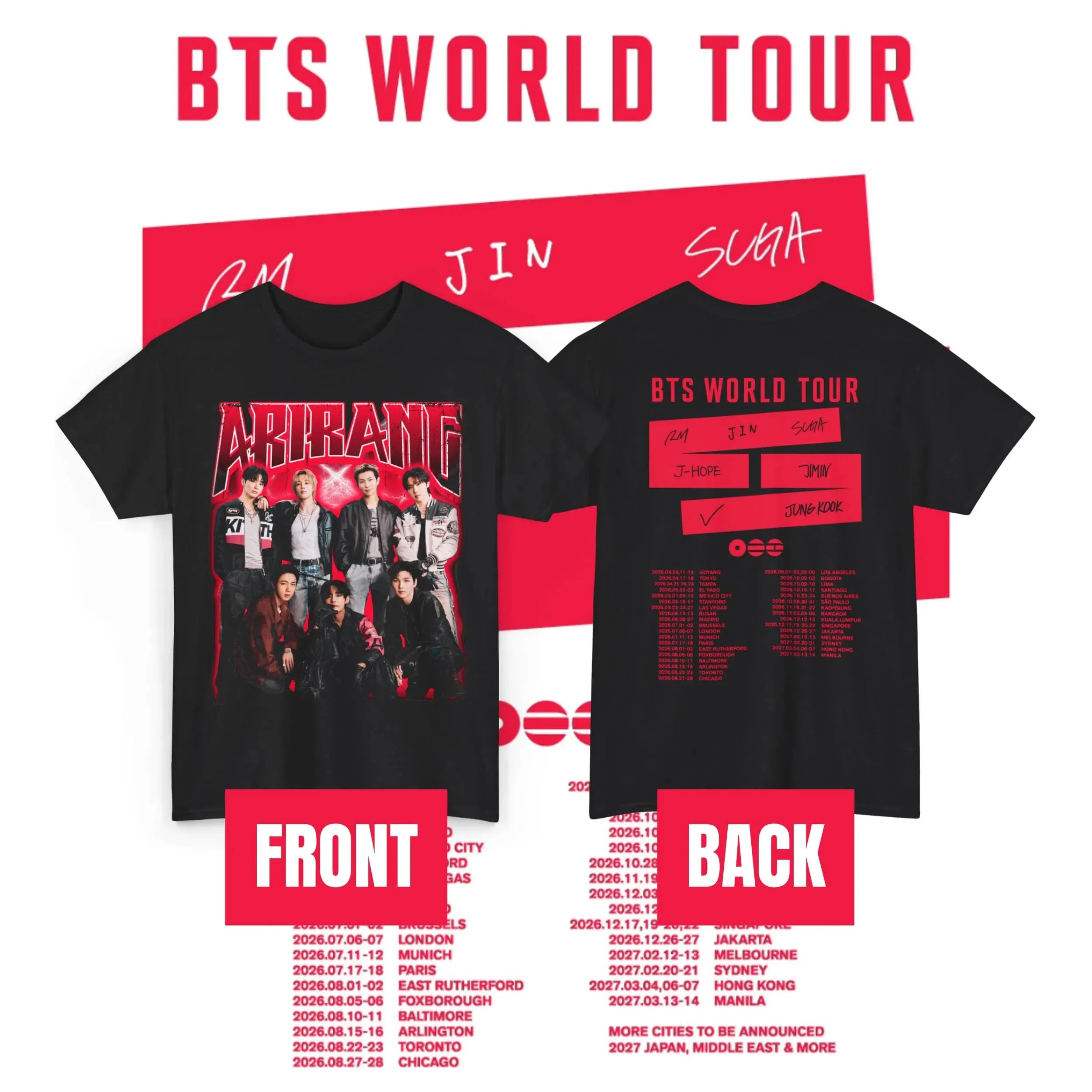 

BTS Arirang World Tour Double-Sided T-Shirt, Bangtan Boys OT7 Vintage Graphic Tee, Kpop Concert Inspired Streetwear Unisex Oversized Cotton Tops, ARMY Fans Short Sleeve Tshirt