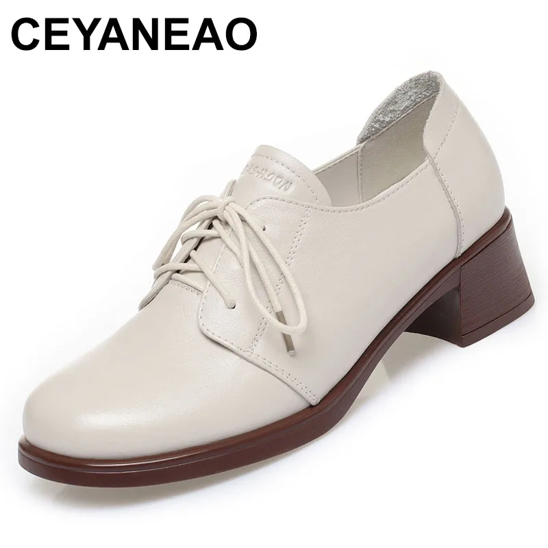 

2025 Women Genuine Leather Shoes Lace-Up Round Toe Soft Bottom Thick Heel Leisure Pumps Solid Color Office Shoes