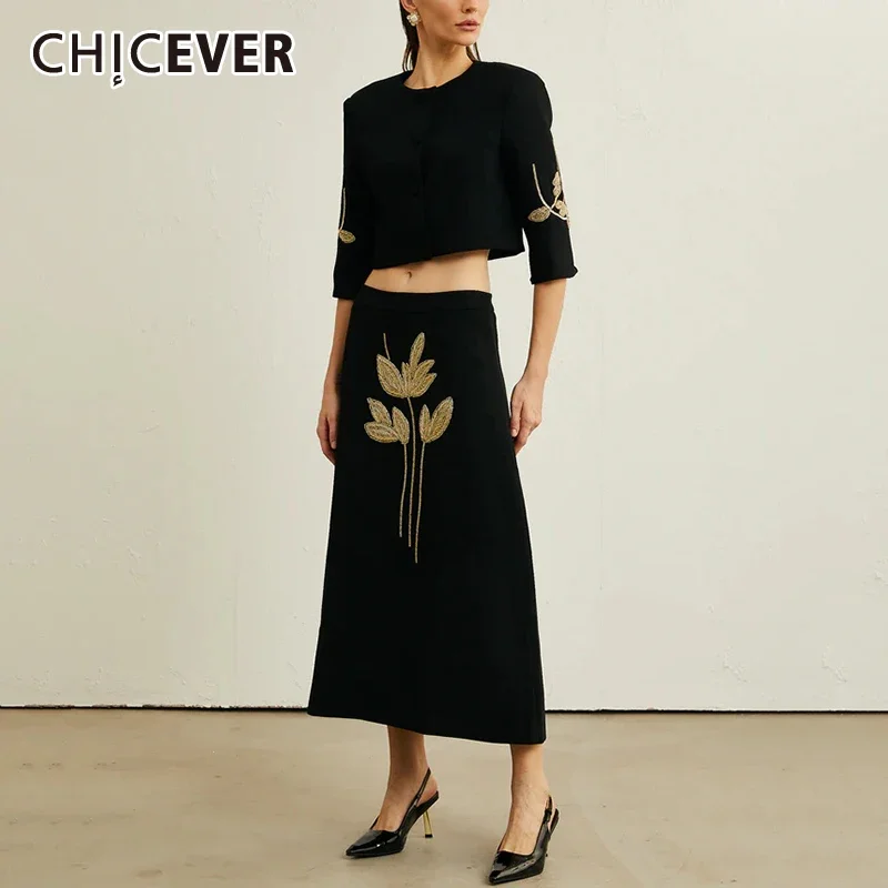 CHICEVER Embroidery Two Piece Set for Women O Neck Half Sleeve Crop Top High Waist A Line Skirt Temperament Slimming Suit Female