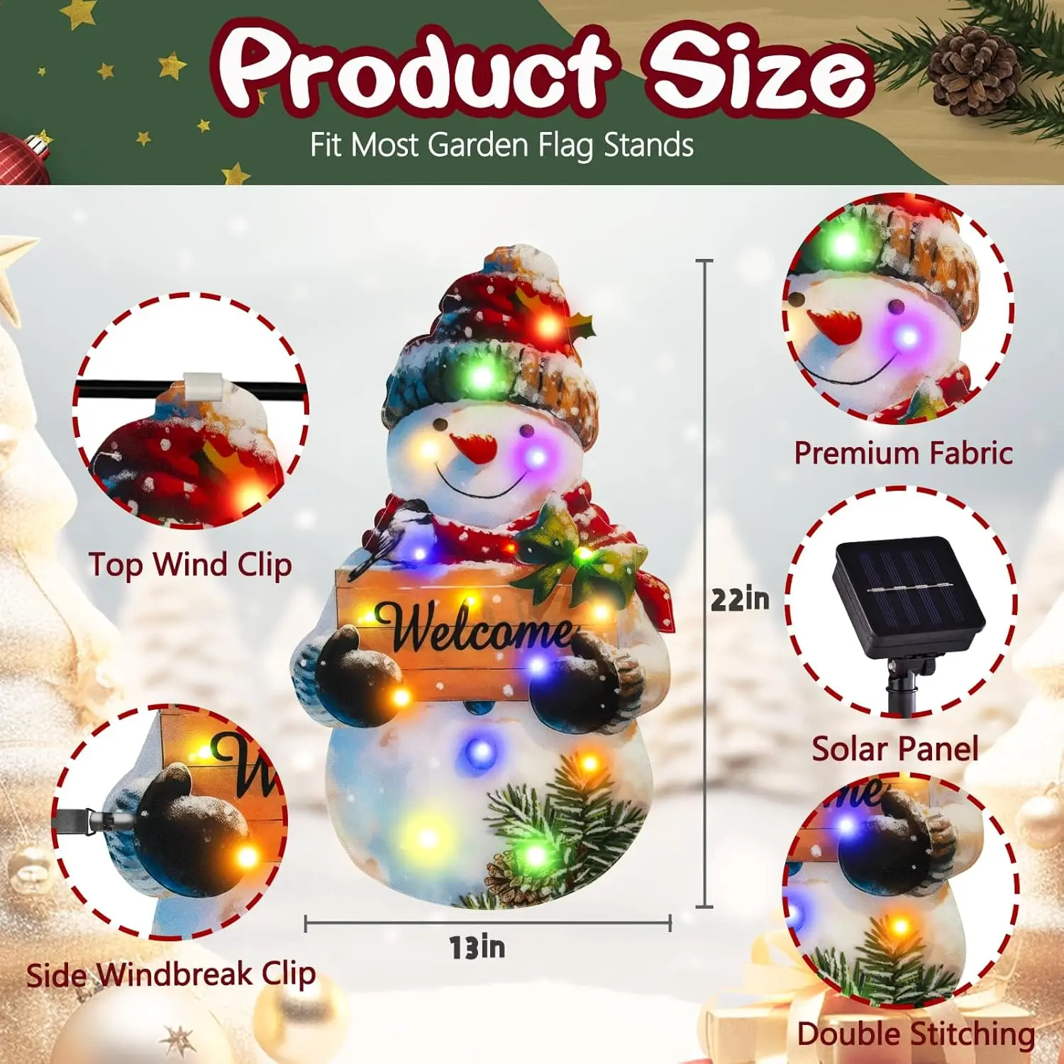 Lighted Christmas Garden Flag 22x13, 8 Modes Double Sided Solar Christmas Decorations Outdoor LED Navidad Flag, Christmas Yard D