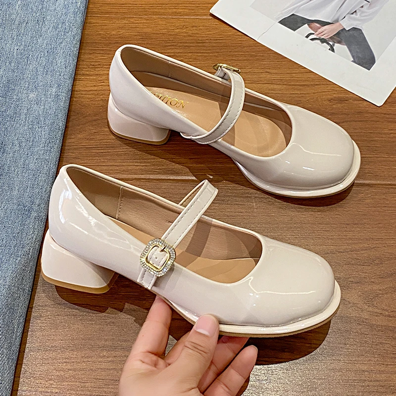 Women Pumps 2024 New Mary Jane Shoes for Women Big Size Belt Buckle Small Leather Shoes for Women Thick Heels High Heels Shoes