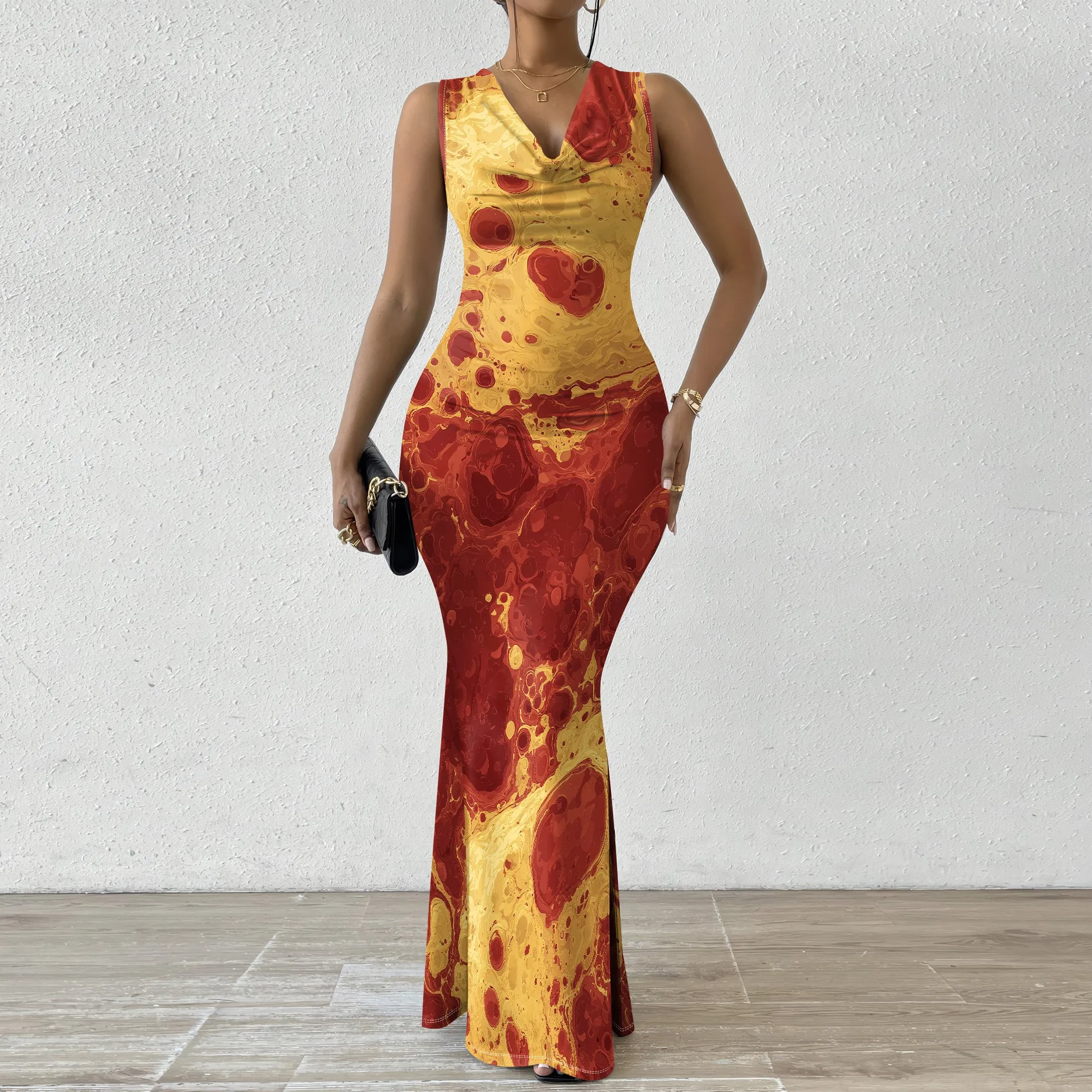 

Sleeveless Lava Marble Print Maxi Dress XS-2XL Cowl Neck Mermaid Bodycon Style for Juneteenth, Afro Parade or Cultural Art Look