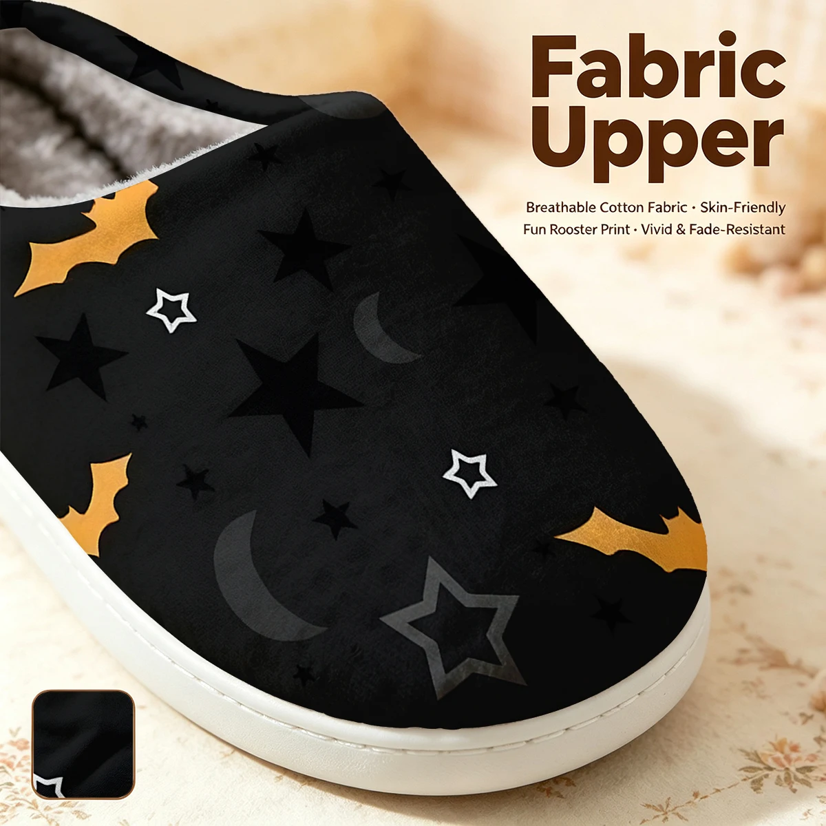 Halloween Bat Star Moon Christmas White Slippers Warm Plush Indoor Shoes Non-Slip Winter Slippers Family Holiday Gifts Soft view 2