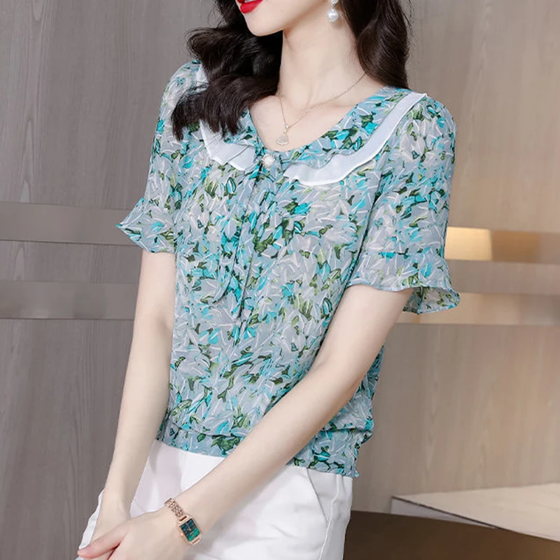 2024 Summer Women\'s Fashion Print Ruffle Bow Blouse Elegant Short Sleeve Chiffon Shirt Casual O Neck Loose Tops Blusas De Mujer