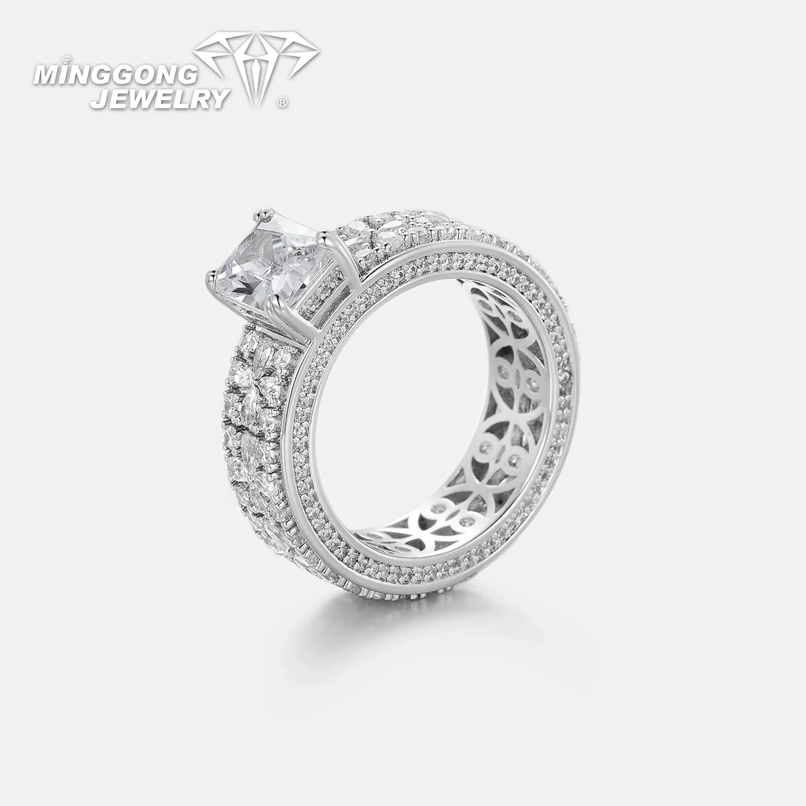 تخصيص S925 الفضة والذهب الصلب مشع سوليتير مويسانيتي الثلاثي صف البتلة خاتم الخلود تصميم الأزياء للنساء #4