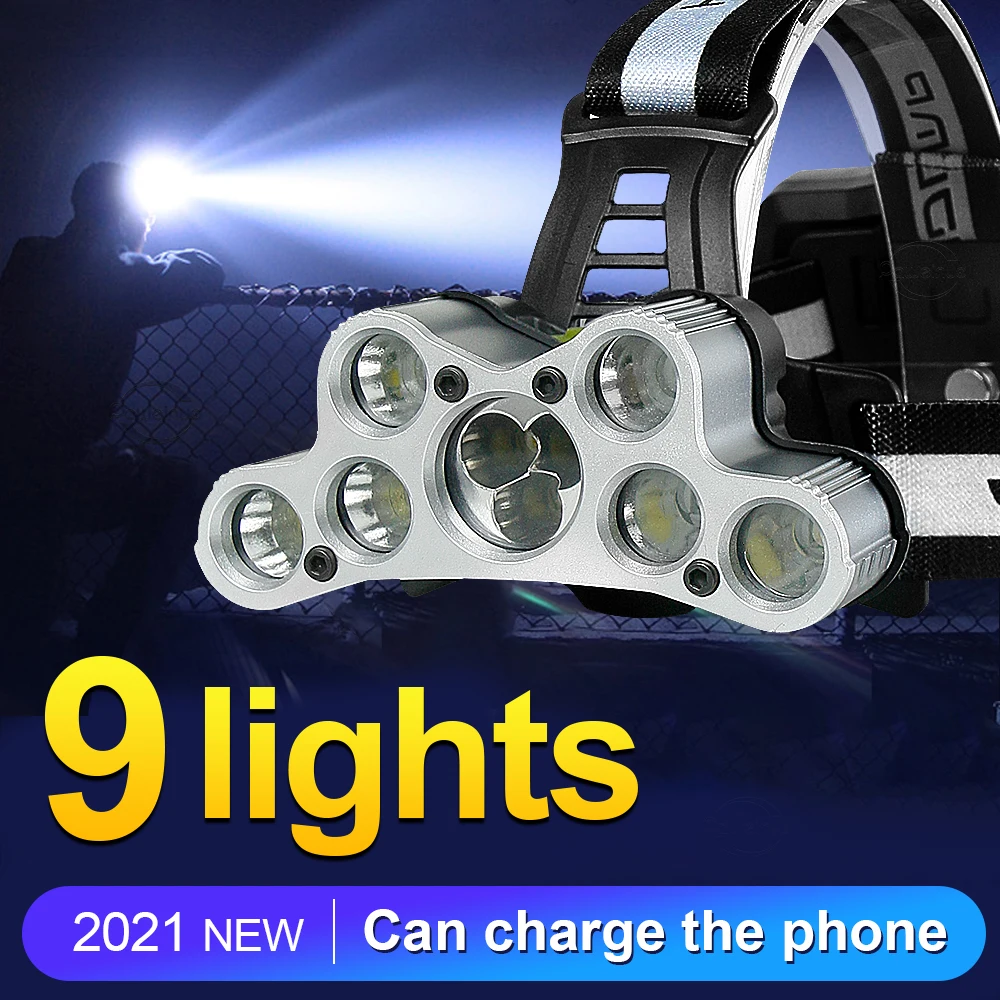 Super Bright Powerful Headlamp 9 Lights USB Rechargeable Head Flashlight Lamp Headlight 18650 Waterproof Camping Fishing Lantern