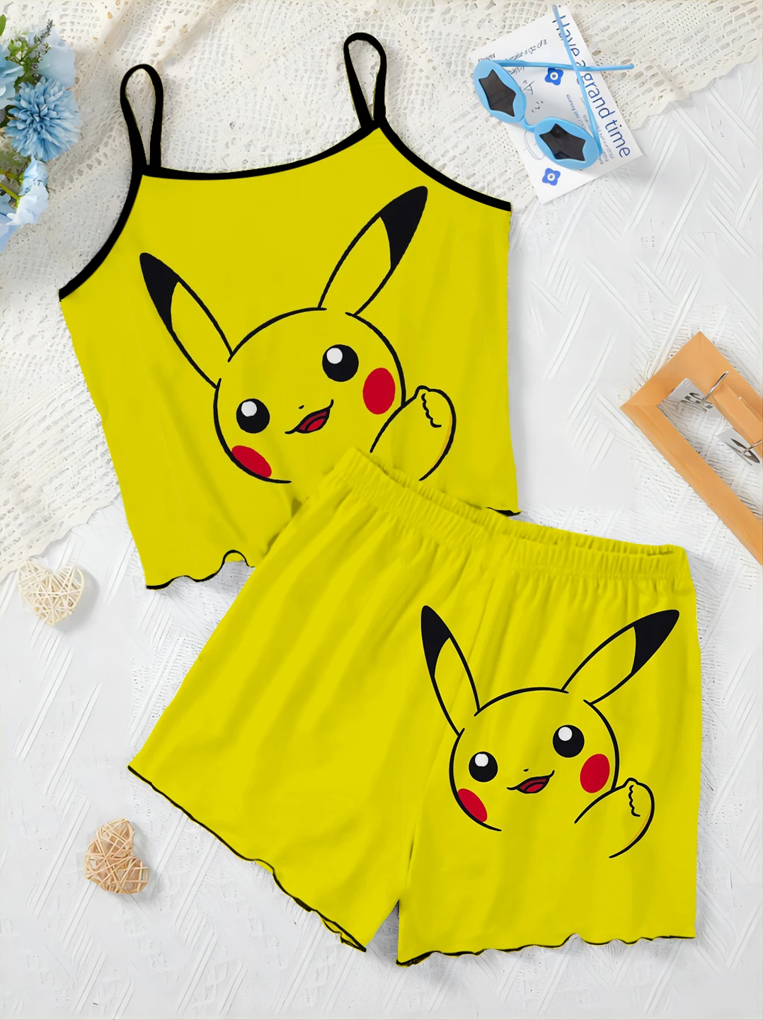 Home Dress Short Sets for Women 2 Pieces Top T-shirt Pajama Skirt Pokémon Lettuce Trim Women's Suit Pikachu Elegant Slip Dress