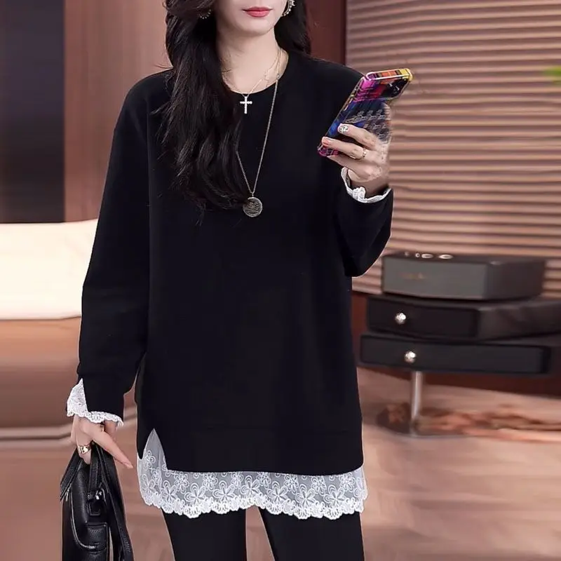 plus Size Mid-Length Sweatirt Women's Spring Autumn Loose Slimming Design Lace Patchwork Base irt Casual Commute Sle