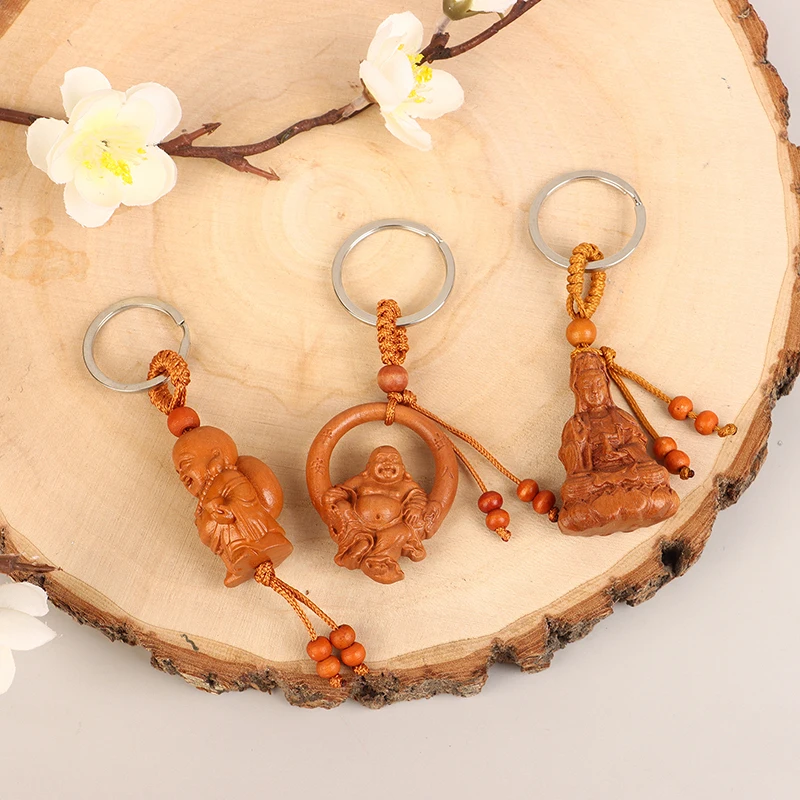 Peach Wood Keychain Guanyin Buddha Gourd Teapot Pixiu Dragon Three-dimensional Keychain