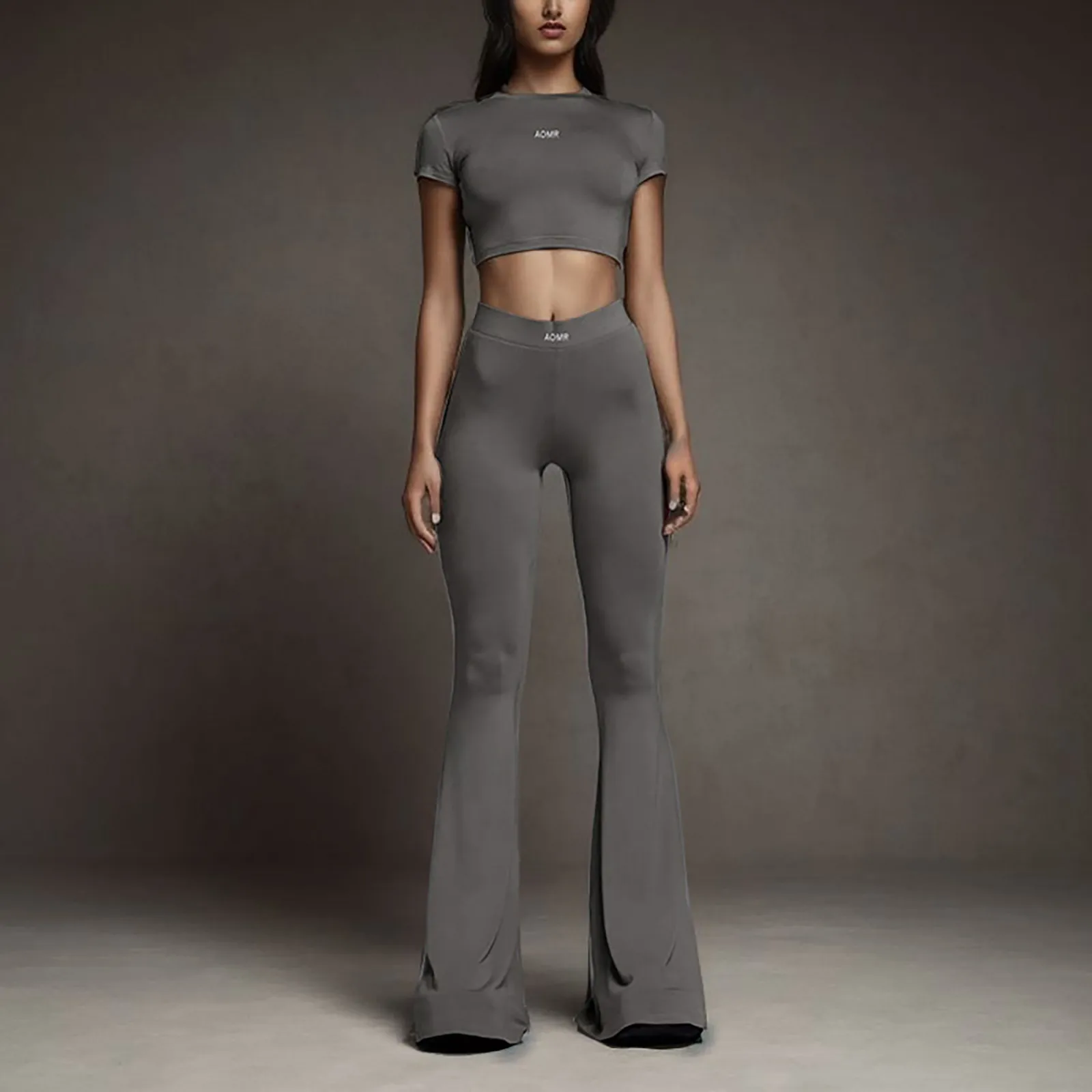 Women's Solid Sporty Casual Crop Top With High Waist Y2k Flare Pants Sexy Strechy Trousers Women Low Rise Harajuku Yoga Pants