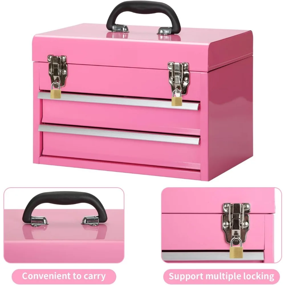 14 Inch Steel Portable Tool Box with drawers - Tool Storage Box Organizer with Metal Latch Closur - Powder Coated Toolbox Chest