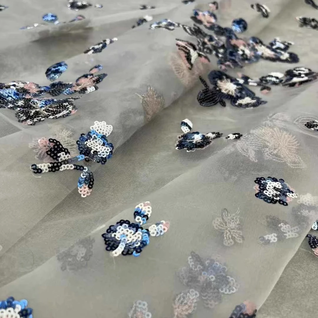 

135CM Wide 12MM Sequins Silk Organza Fabric for Summer Dress Skirt Thin Stiff Fabric for DIY Sewing R2020