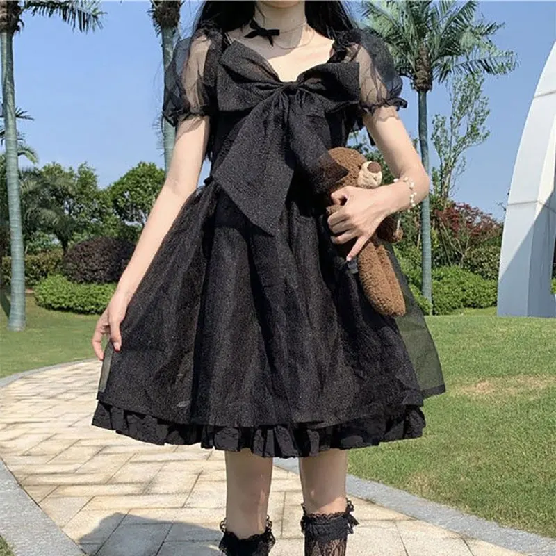 Vestido de baile de gasa con lazo dulce para mujer, vestido Midi elegante, estilo Lolita, cintura acampanada, manga corta, ropa de verano, Color sólido