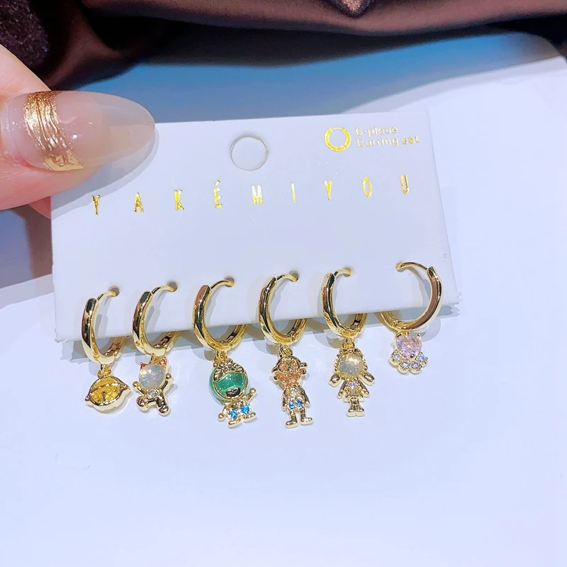 MIGGA 6pcs Multicolor Cubic Zircon Cartoon Dangle Earrings Set Gold Color Plated Women Party Jewelry