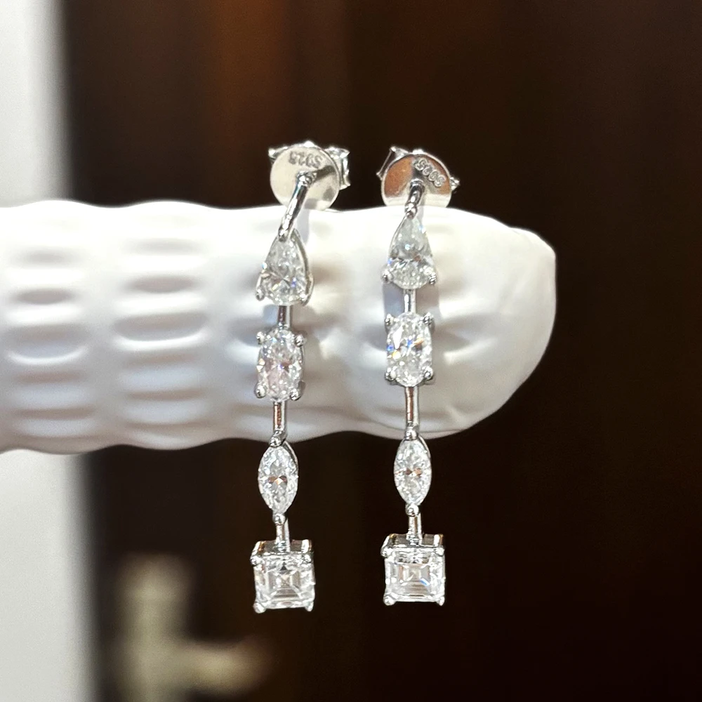 BXINY Multi-Cut All Moissanite Drop Earrings 925 Sterling Silver Tassel Diamond Dangle Earring for Women Engagement Gift Jewelry