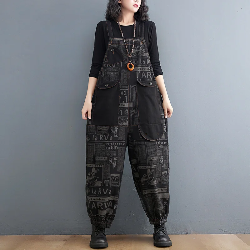 #1433 Denim Jumpsuit Women Rompers Loose Straight Harem Jeans Jumpsuits Femme Big Pockets Loose Printed Long Jumpsuits Vintage