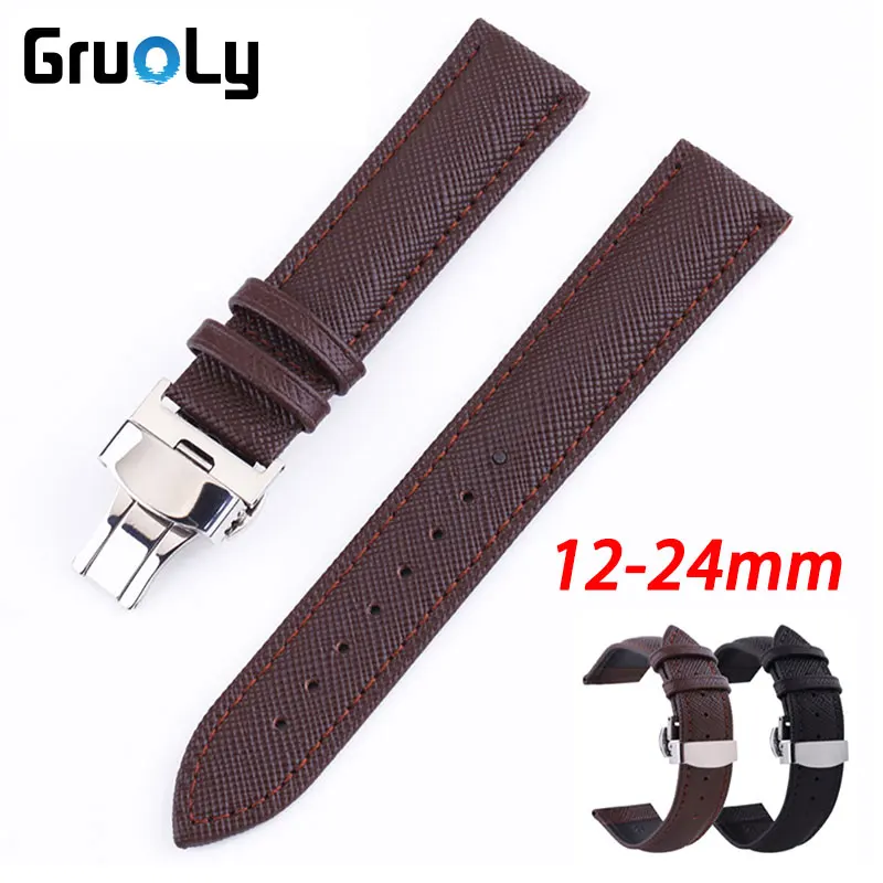 Calfskin Leather Watchband 12mm 14mm 16mm 18mm 20mm 22mm 24mm Universal WristBand Strap Accessories Butterfly Buckle Belt Band