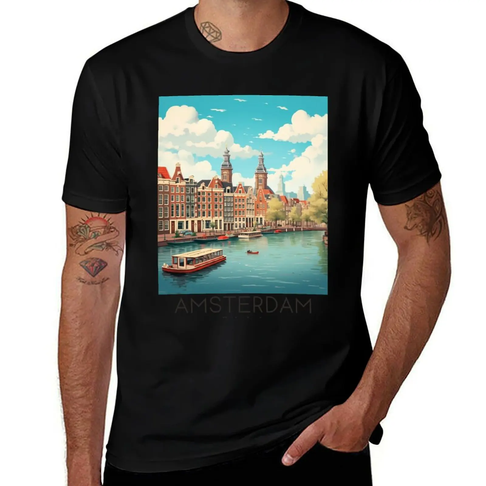 A Vintage Travel Illustration of Amsterdam - Netherlands T-Shirt Quick Dry Light Sports T-Shirt