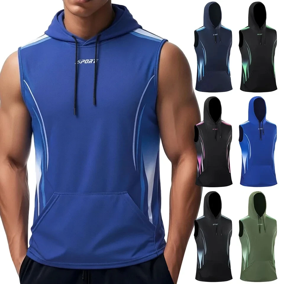 Men's Bodybuilding Tank Tops Gyms Fitness Sports Hooded Vest Male Sleeveless Shirt Summer Casual Workout Training Clothing