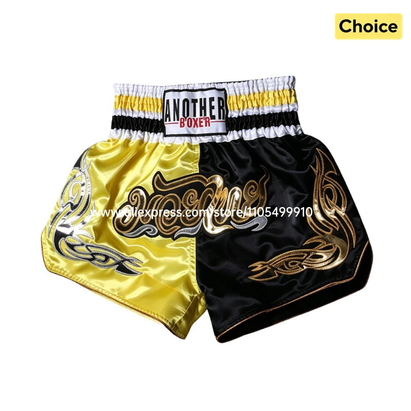Zweifarbige Muay Thai Kickboxing Shorts Schwarz-Gelb Boxershorts mit Goldstickerei Elastischer Bund Satin-Shorts für MMA BJJ