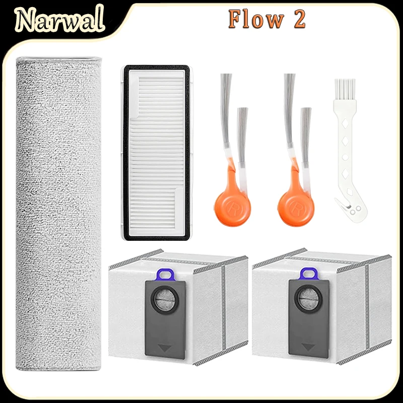 For Narwal Flow 2 Robot Vacuum Accessories:Side Brush,HEPA Filter,Dust Bags,Track Mop Cloth Replacement Parts