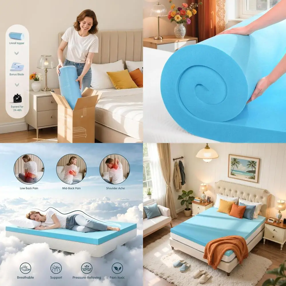 

3 Gel Memory Foam Mattress Topper - Soft, CertiPUR-US Certified, Blue, for Beds, Sofas & RVs