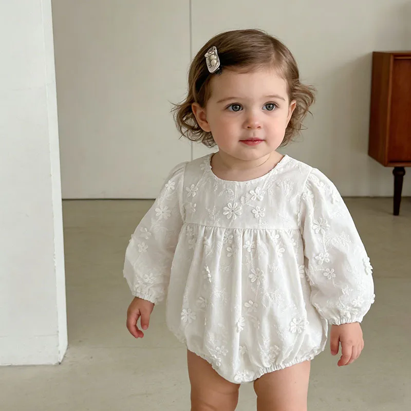 Baby Clothes Spring and Autumn New Long Sleeve Embroidered Jumpsuit Female Baby White Crawler
