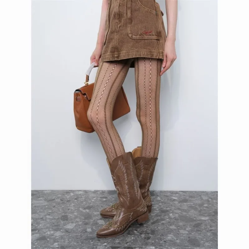 Juspinice Solid Retro Hollow Lace Leggings for Women's Summer Vertical Jacquard Lightweight Fashionable Pantyhose Fishnet Socks