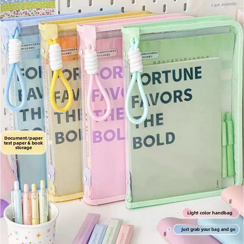 

Candy-colored Twill Hand-held Zipper File Bag Transparent Handle Type Test Paper and Material Storage A4 Large Capacity