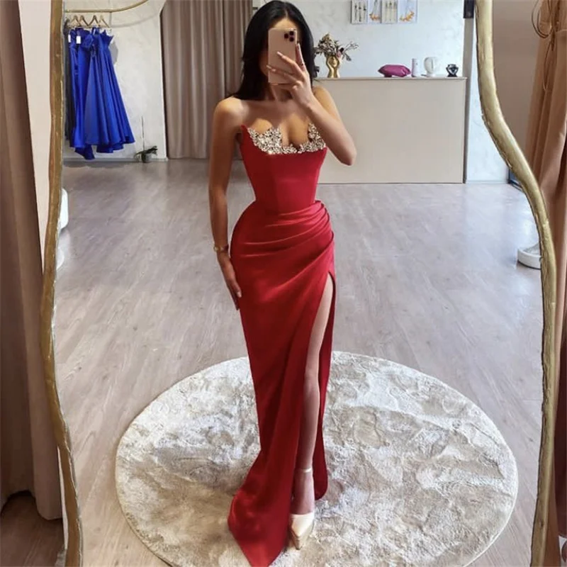 

Shining Prom Dresses Crystal Scoop Mermaid Side Slit Silk Satin Prom Dresses With Lace Up Back vestidos de fiesta de noche