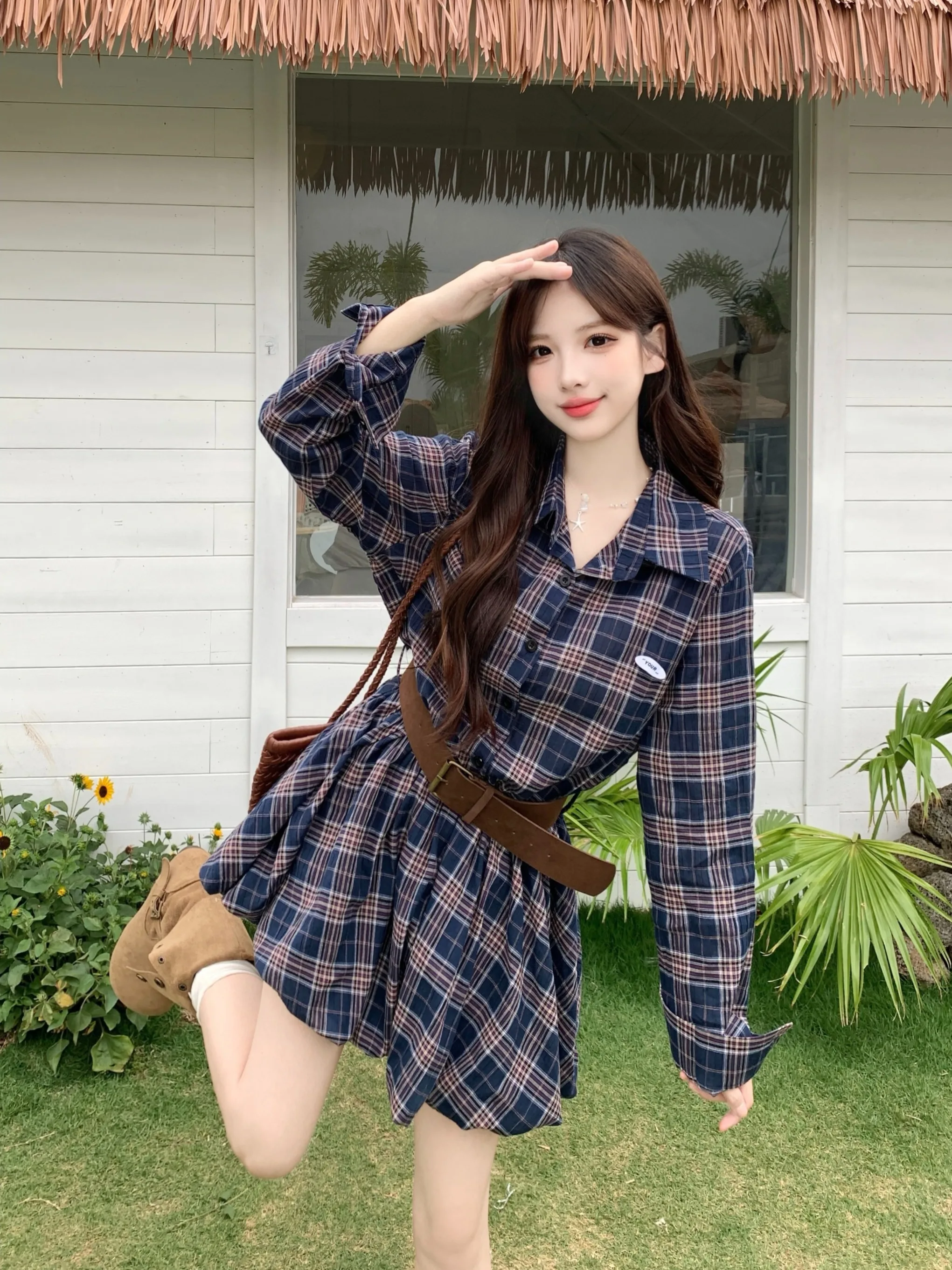 

plus Size Women's American Retro Collar Plaid Shirt Dress Slimming Waist High Waist Spring City Commute Long Sleeve Shor...