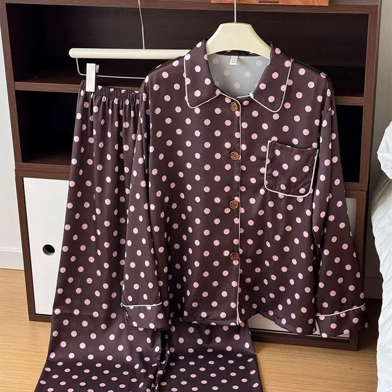 

Женский пижамный комплект в горошек из ледяного шелка для весны и лета, свободная повседневная ночная одежда, милая домашняя одежда, брючный пижамный комплект для женщин