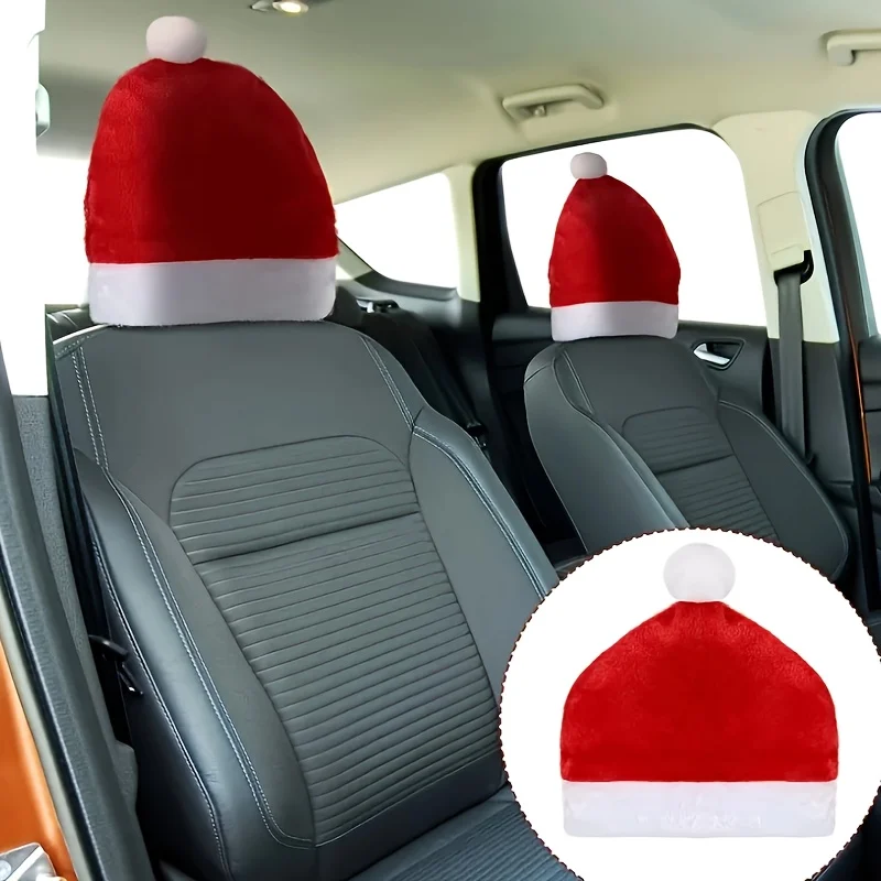 

2pcs of Christmas Car Covers, Festive Hat Headrest Covers for Cross-Border Hot, Car Decorative Items for Scene Arrangement.