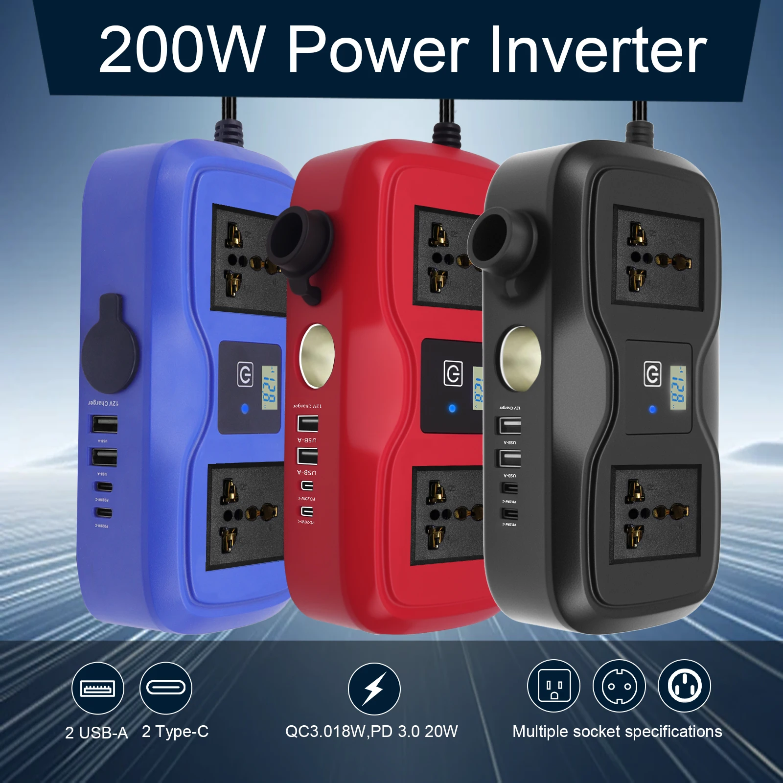 

DC 12V To AC 220V 200W Car Power Inverter With 3.6A Dual USB Type-C Fast Charging LED Display Sockets Power Adapter Converter