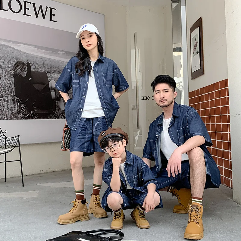 summer loose casual parent-child clothing for primary and secondary school children, two pieces of fried street denim shirt set