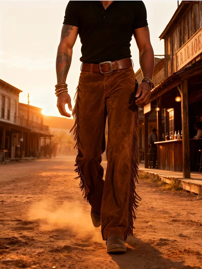Herren-Cowboyhose mit Fransen, aus Kunstlederimitat, normale Passform, hohe Taille, Retro-Design, mit Schnallen, Hippie-Disco-Cosplay-Hose. – Detail 9
