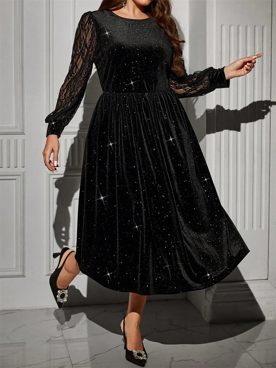 فستان GIBSIE مقاس كبير بأكمام شبكية سوداء لامعة من المخمل فستان نسائي أنيق عالي الخصر على شكل حرف a للحفلات فساتين طويلة للسيدات لخريف 2025