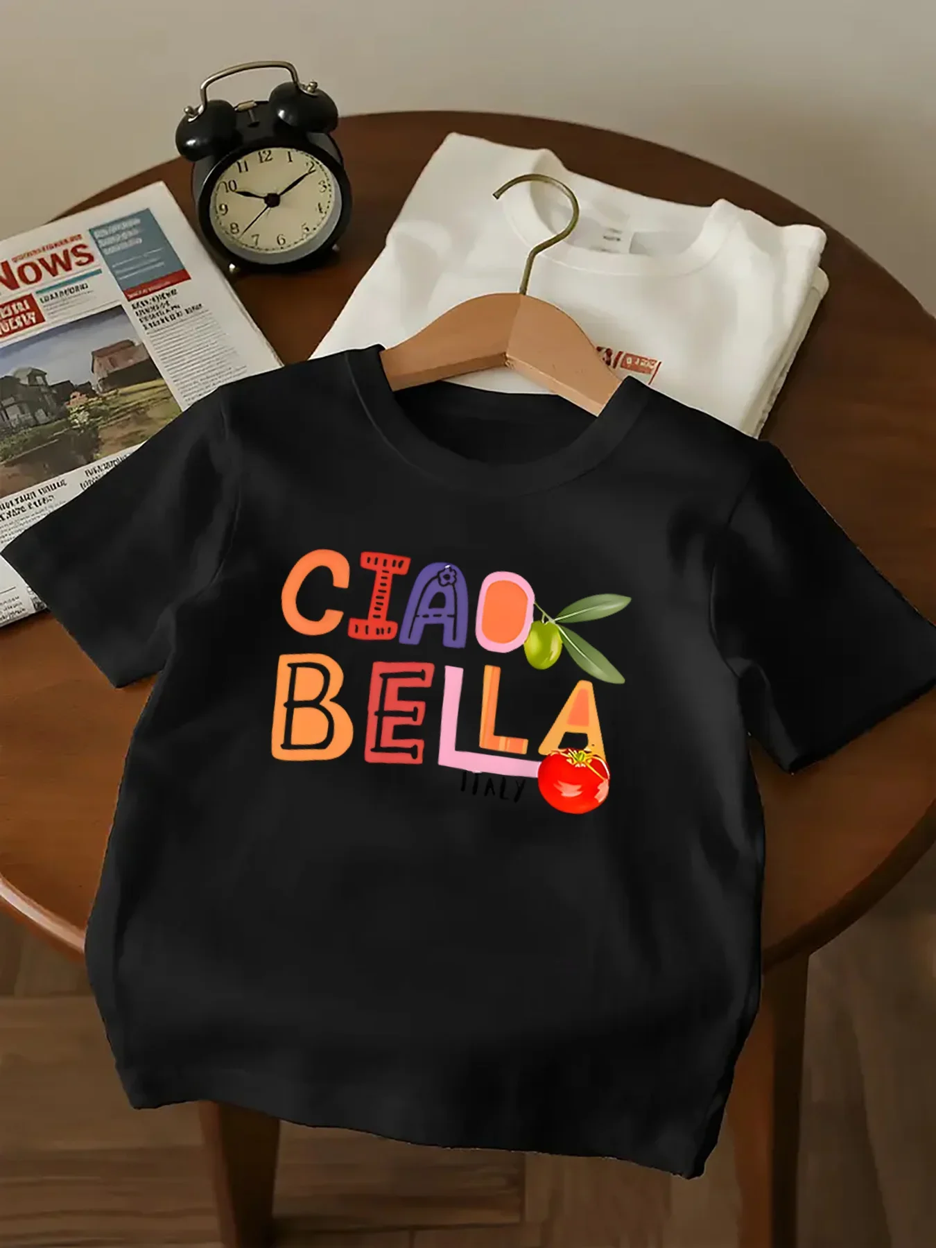 Kids Short Sleeve T Shirt Ciao Bella Italy Colorful Letter Olive And Tomato Print Crew Neck Boy Girl Casual Summer Daily Tee Top